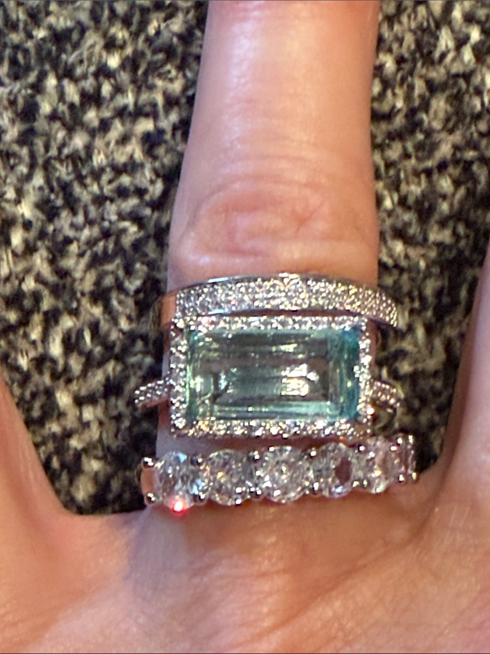 NEW Silver Aquamarine Emerald-Cut Halo Ring with Crystal Bands (3) rings